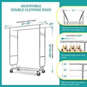 Heavy Duty Double Bar Clothes Garment Rack on Wheels - 600 lbs Capacity
