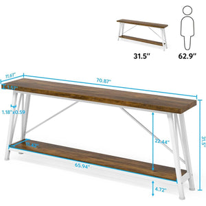 Heavy Duty 70-inch Industrial Brown Wood Top Sofa Table with White Metal Frame