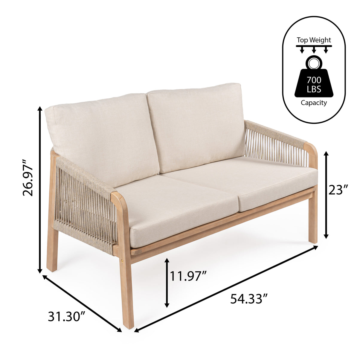 Arwen modern bohemian roped acacia wood outdoor loveseat with cushions