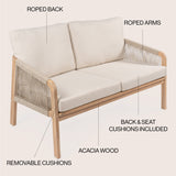Arwen modern bohemian roped acacia wood outdoor loveseat with cushions