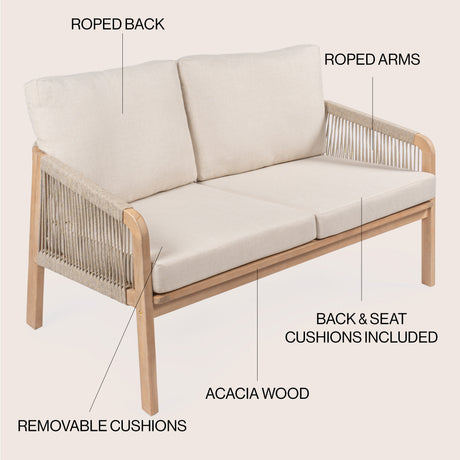 Arwen modern bohemian roped acacia wood outdoor loveseat with cushions