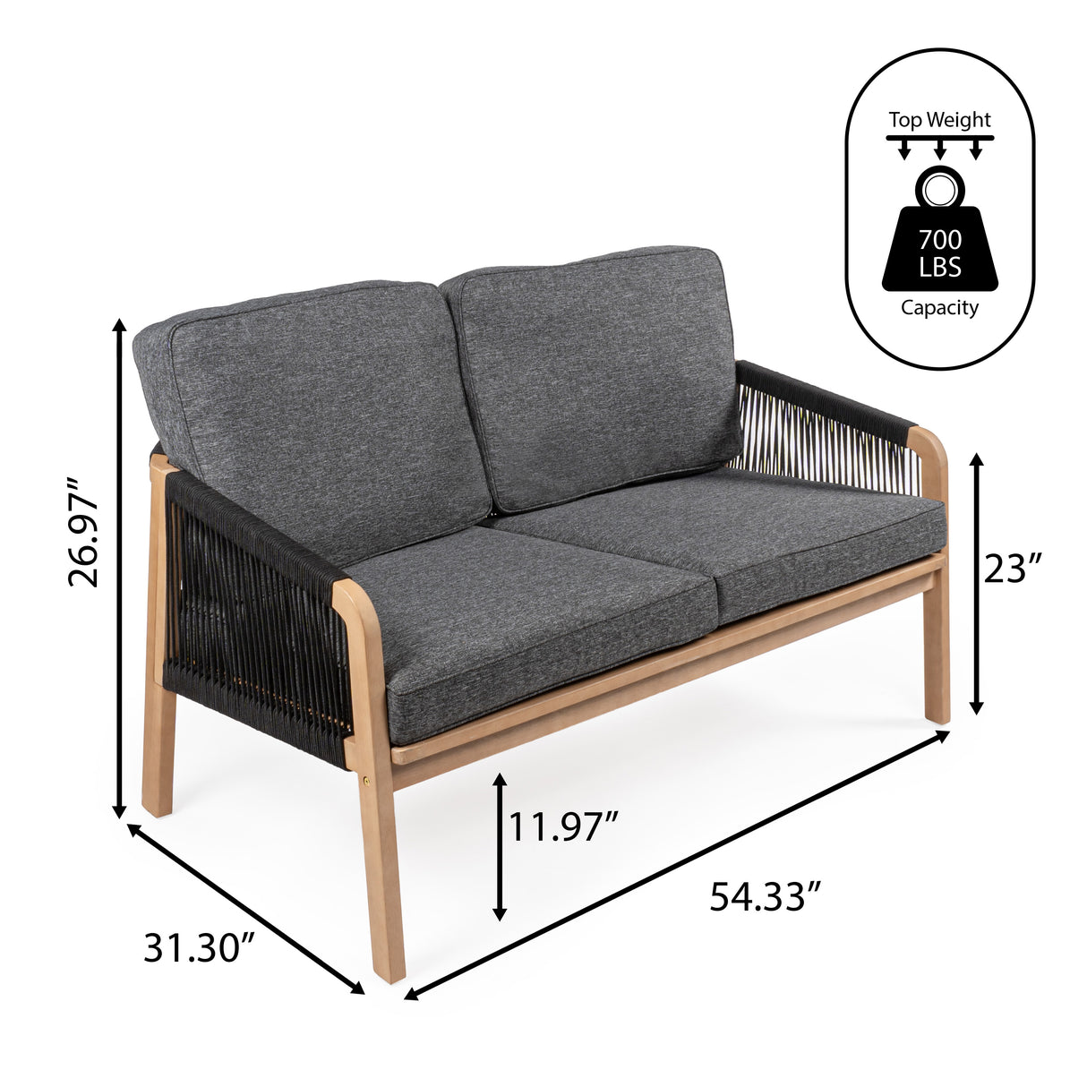 Arwen modern bohemian roped acacia wood outdoor loveseat with cushions