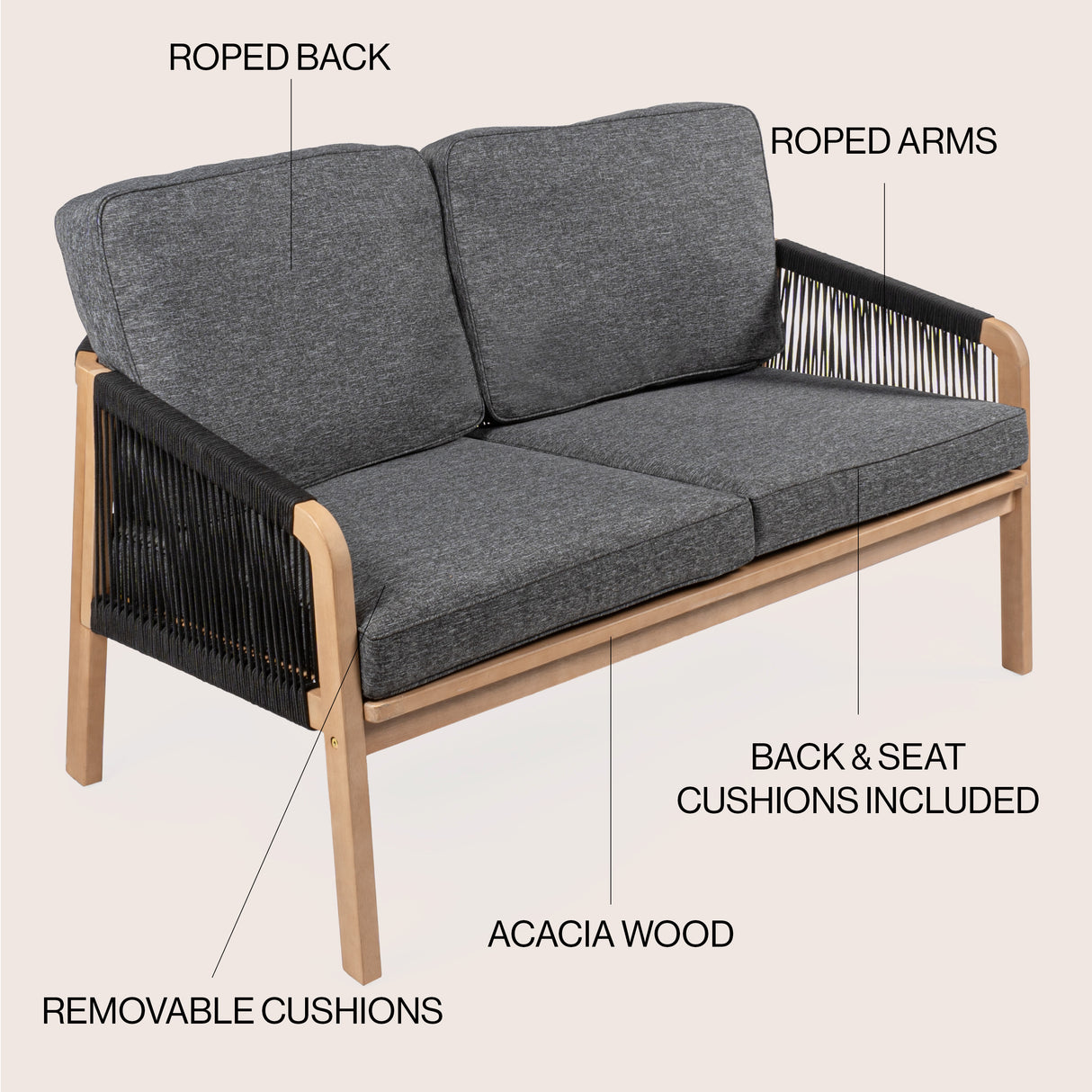 Arwen modern bohemian roped acacia wood outdoor loveseat with cushions