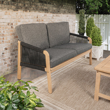 Arwen modern bohemian roped acacia wood outdoor loveseat with cushions