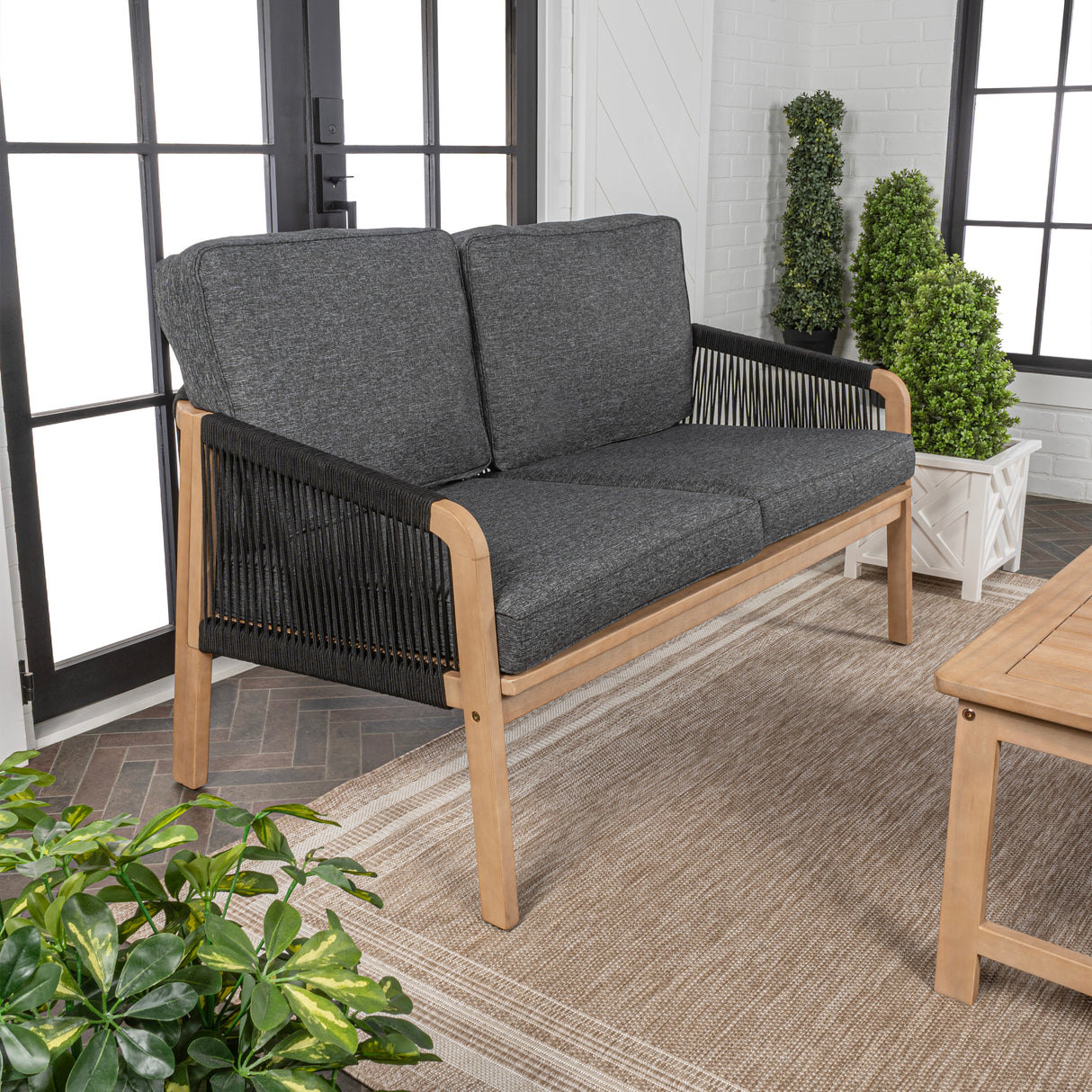 Arwen modern bohemian roped acacia wood outdoor loveseat with cushions