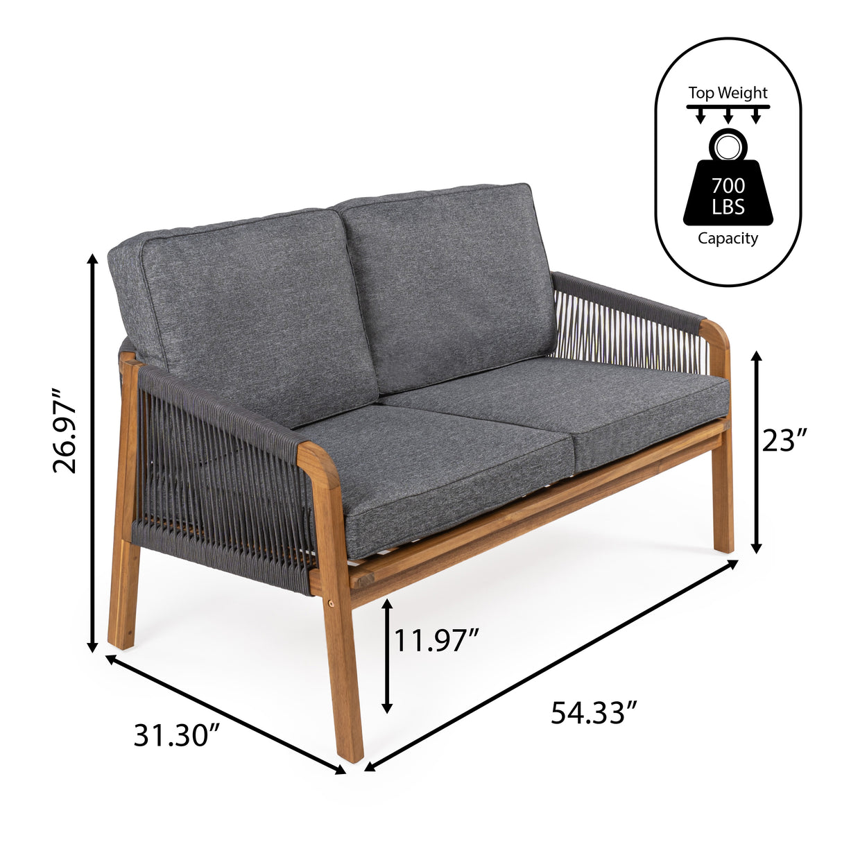 Arwen modern bohemian roped acacia wood outdoor loveseat with cushions