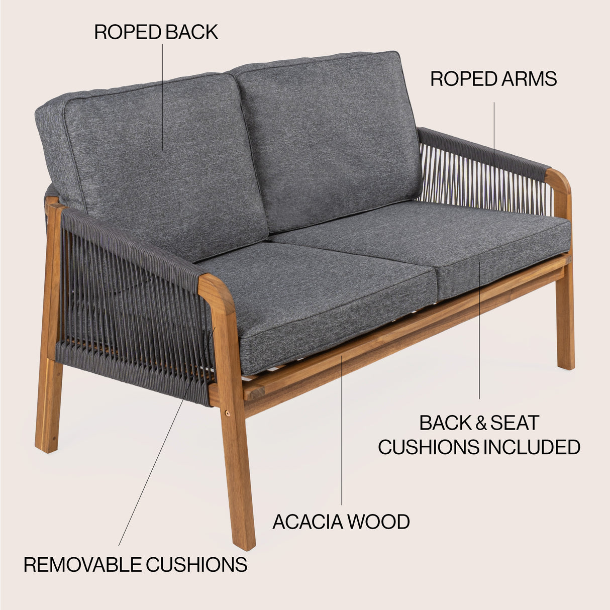 Arwen modern bohemian roped acacia wood outdoor loveseat with cushions