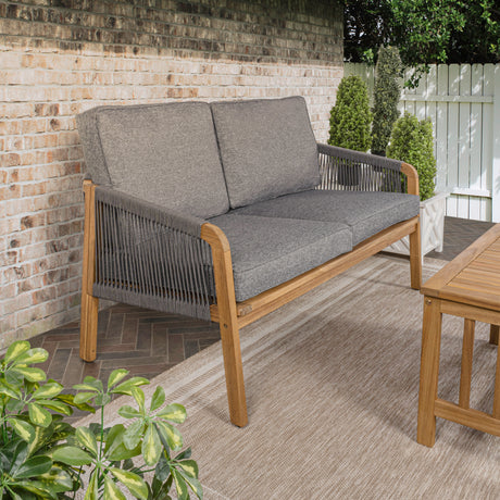 Arwen modern bohemian roped acacia wood outdoor loveseat with cushions