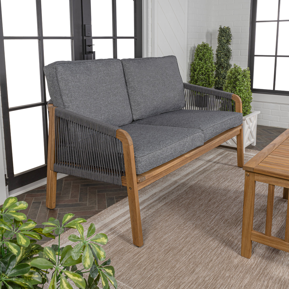 Arwen modern bohemian roped acacia wood outdoor loveseat with cushions