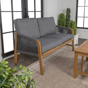 Arwen modern bohemian roped acacia wood outdoor loveseat with cushions
