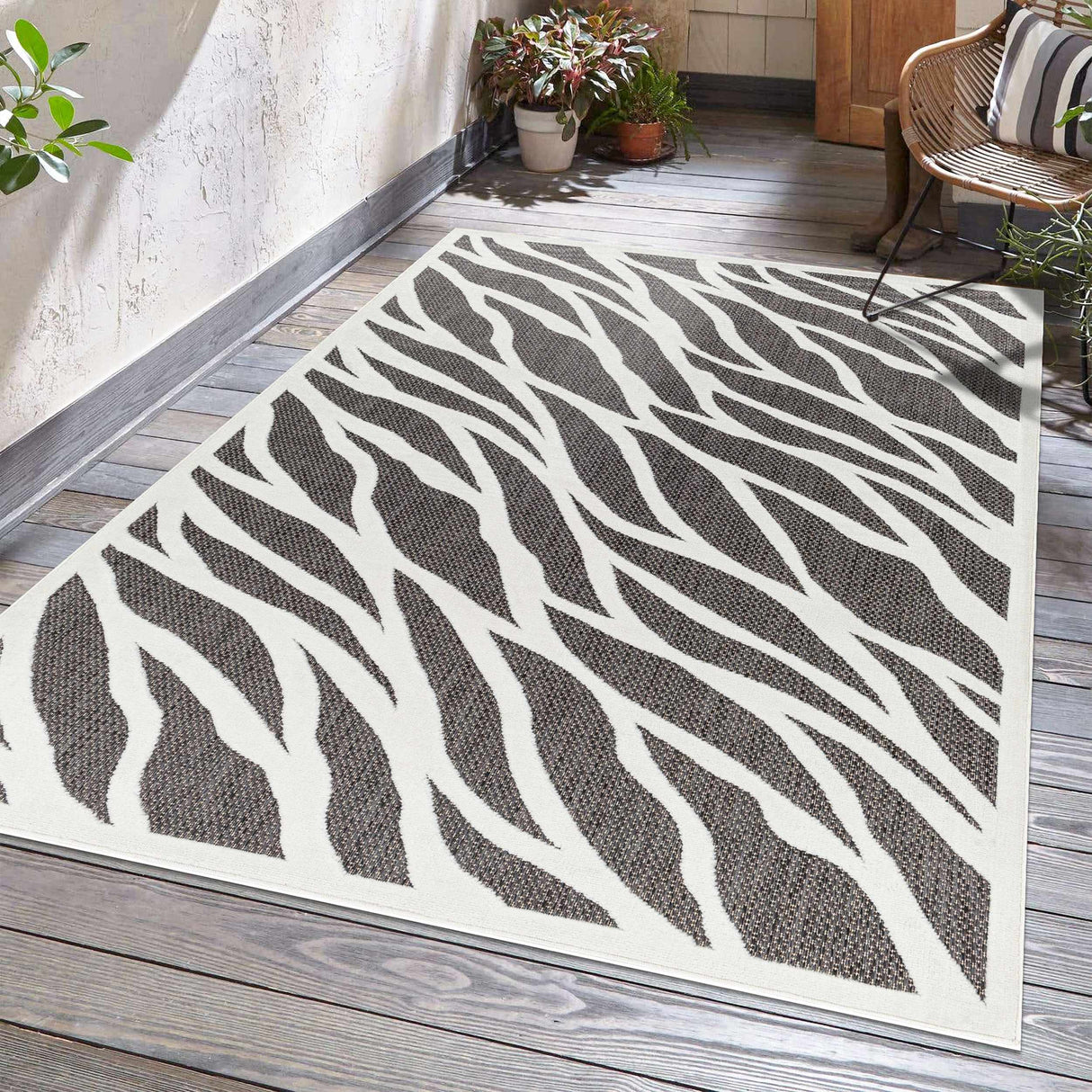 Astra Zebra Print Black Outdoor Rug - Clearance