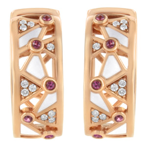 14K Rose Gold 1/6 Cttw Diamond and Pink Tourmaline White Enamel Geometric Hoop Earrings