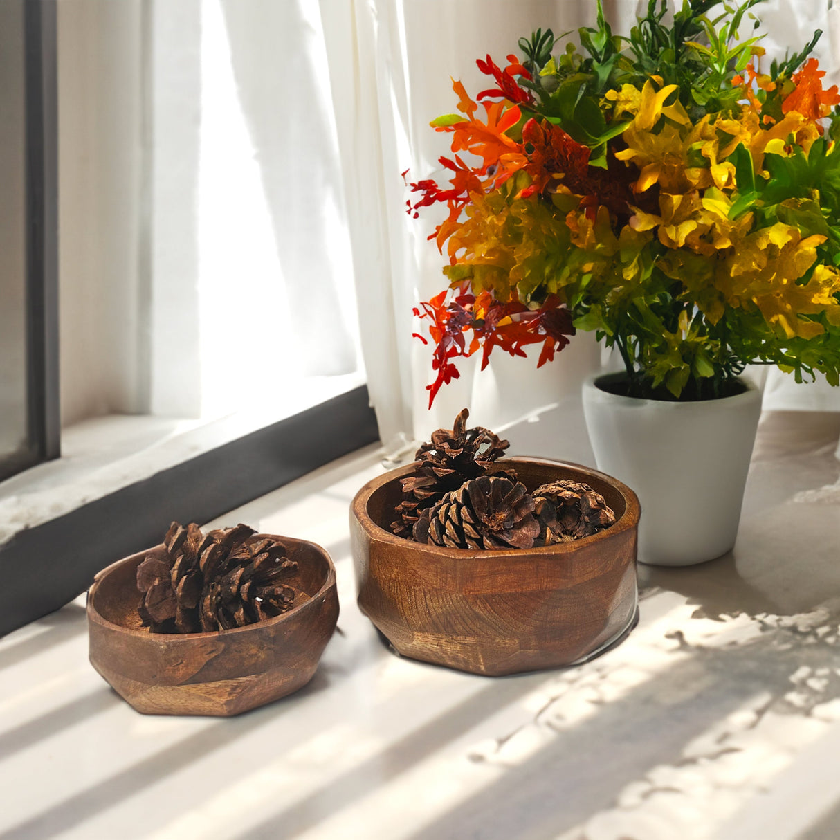 Acacia Wood Serving Bowls | Calabash Bowl Set of 2 |  Hand-Carved Decorative Wooden Bowls