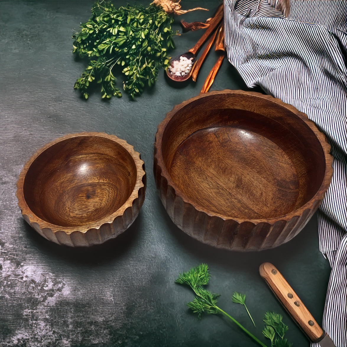 Calabash Bowl Set of 2 | Acacia Wood Serving Bowls | Hand-Carved Decorative Wooden Bowls