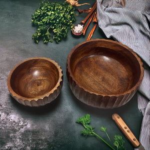 Calabash Bowl Set of 2 | Acacia Wood Serving Bowls | Hand-Carved Decorative Wooden Bowls