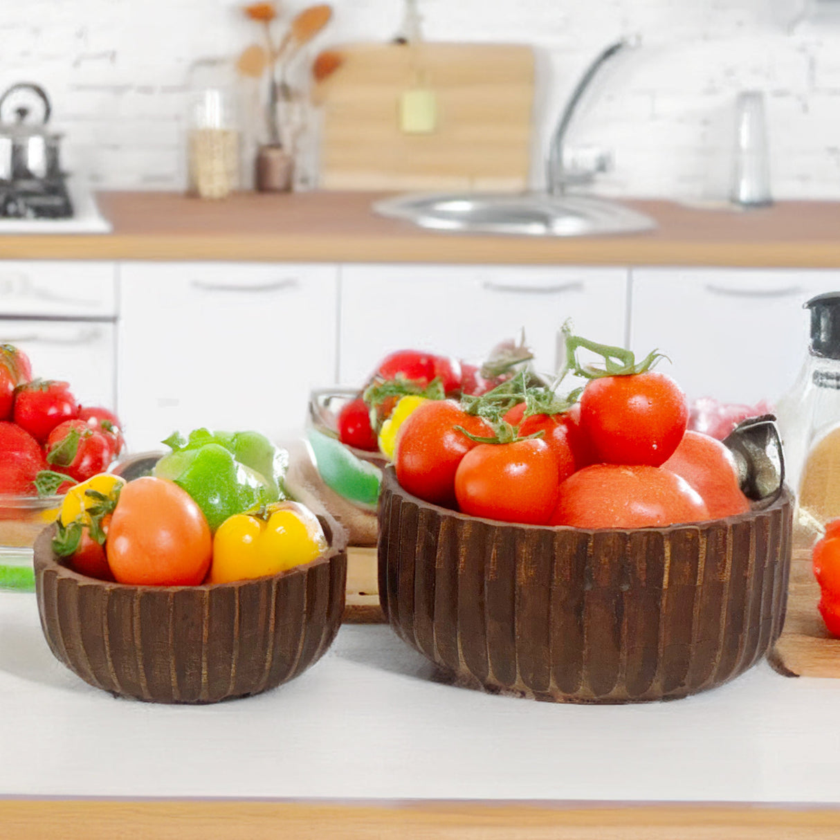 Calabash Bowl Set of 2 | Acacia Wood Serving Bowls | Hand-Carved Decorative Wooden Bowls