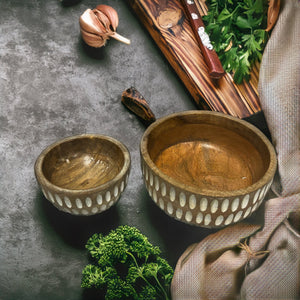 Hand-Carved Decorative Wooden Bowls | Calabash Bowl Set of 2 | Acacia Wood Serving Bowls |