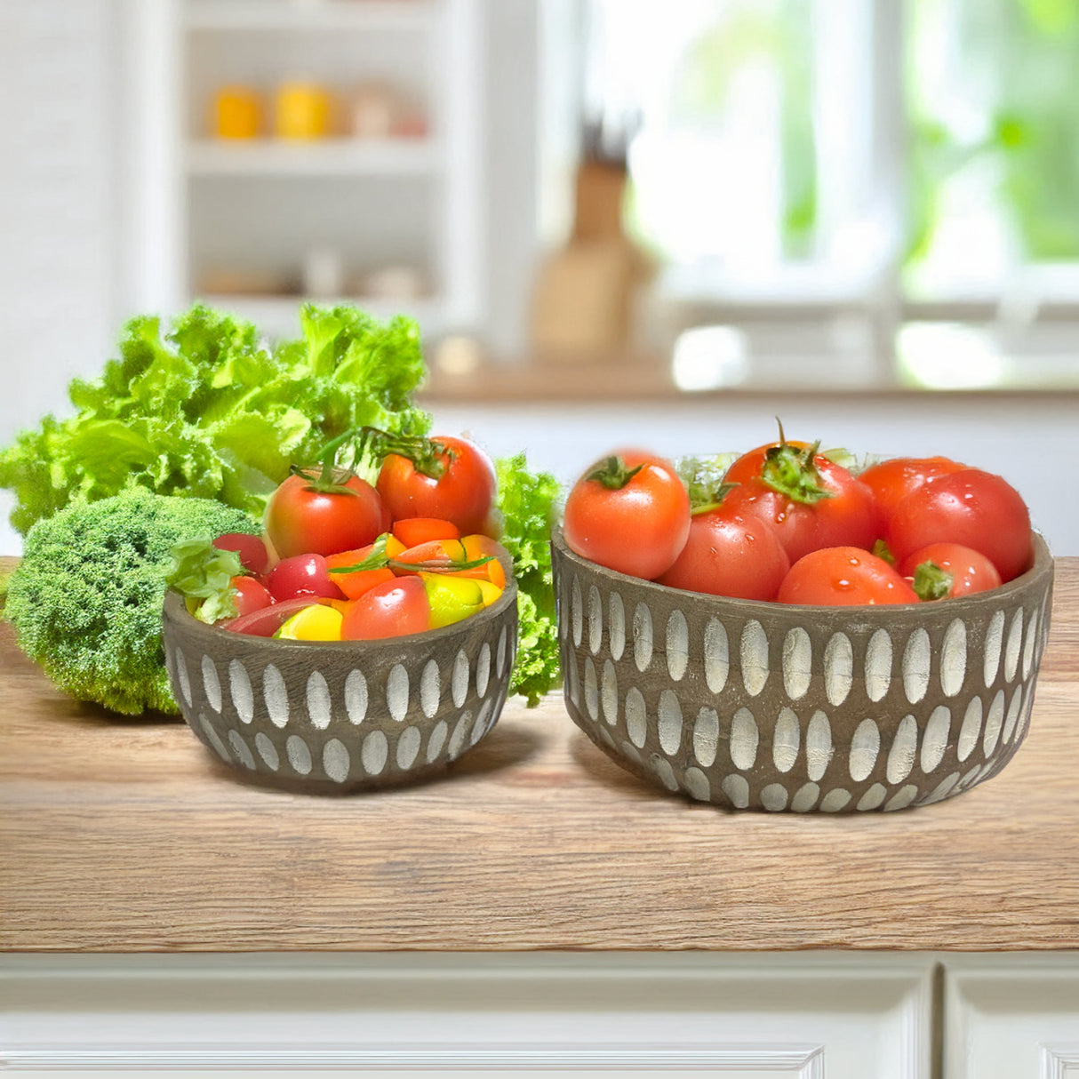 Hand-Carved Decorative Wooden Bowls | Calabash Bowl Set of 2 | Acacia Wood Serving Bowls |