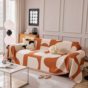 Modern Abstract Chenille Sofa Cover, Large Soft Throw Blanket with Tassels for Couch