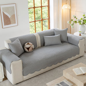 Floral Cotton Quilted Sofa Cover, Non-Slip Couch Protector with Scalloped Edges