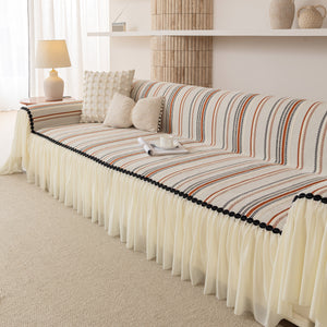 Boho Striped Couch Cover with Sheer Ruffle Skirt, Decorative Couch Throw Blanket