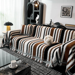 Striped Chenille Sofa Throw Covers, Boho Style Cozy Couch Protector Blanket
