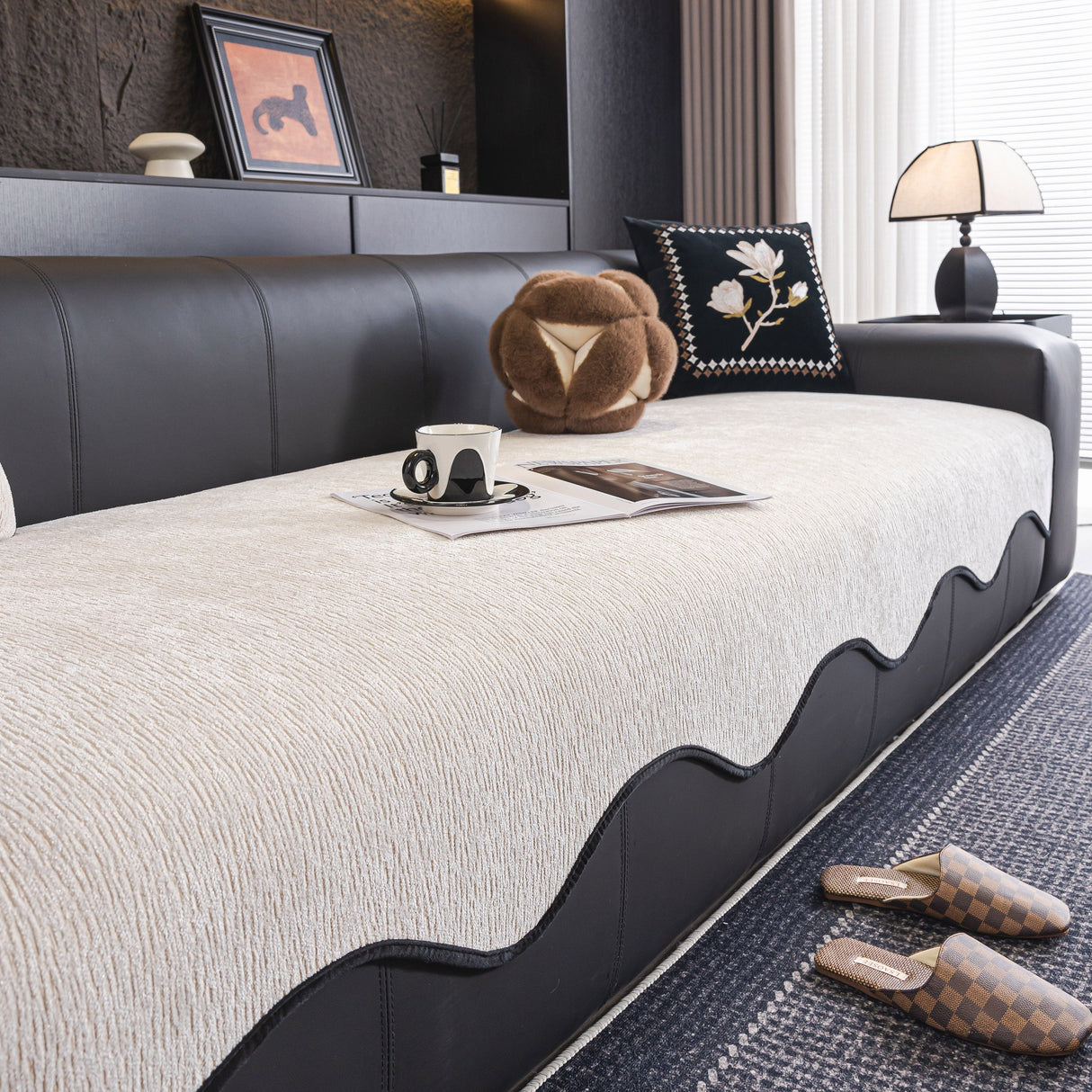 Chenille Couch Cover with Scalloped Edge, Non-Slip Modular Slipcover