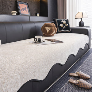 Chenille Couch Cover with Scalloped Edge, Non-Slip Modular Slipcover