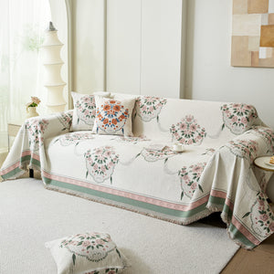 Charming French Country Floral Basket Sofa Throw Cover Rustic Farmhouse-Style Couch Cover Blankets