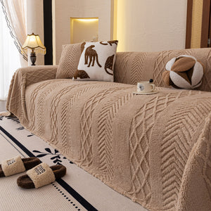 Plush Sherpa Fleece Sofa Cover with 3D Cable Knit Texture, Soft Cozy Throw Blanket