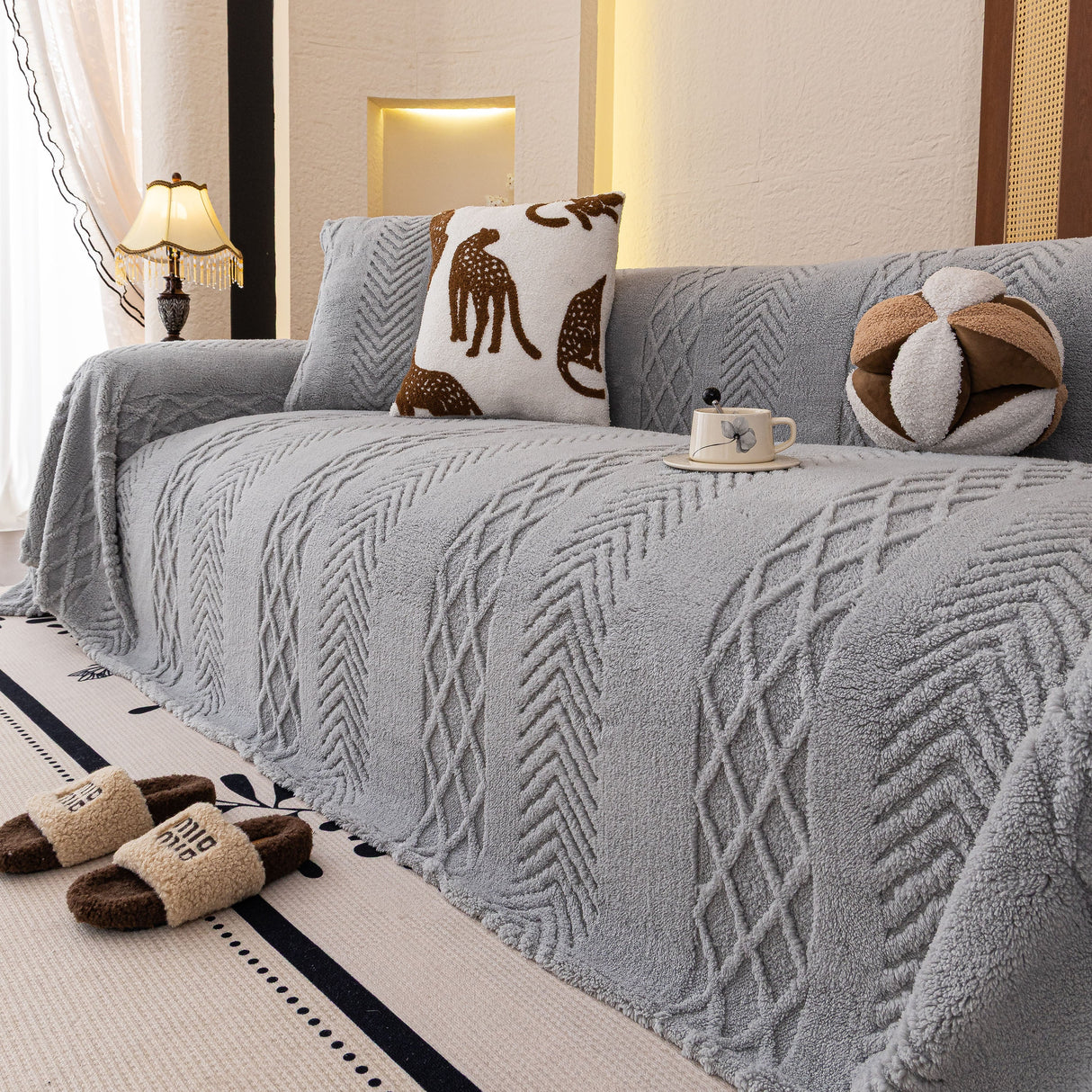 Plush Sherpa Fleece Sofa Cover with 3D Cable Knit Texture, Soft Cozy Throw Blanket