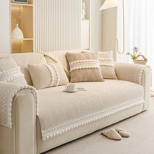 Soft Chenille Sectional Sofa Cover with Pom Pom Trim – Non-Slip Couch Protector