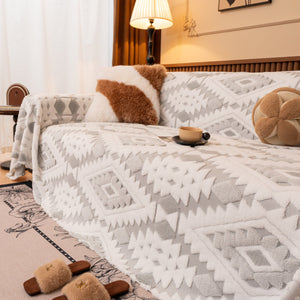 Bohemian Tufted Sofa Cover, Soft Sherpa Fleece Throw Blanket with 3D Aztec Geometric