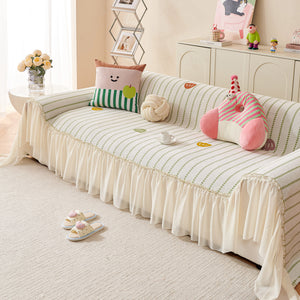 Cute Dotted Stripe Couch Protector, Non-Slip Washable Sofa Cover with Ruffled Skirt