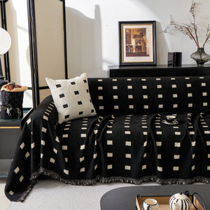 Sofa Throw Blanket with Woven Geometric Pattern & Tassels, Soft & Thick Couch Cover
