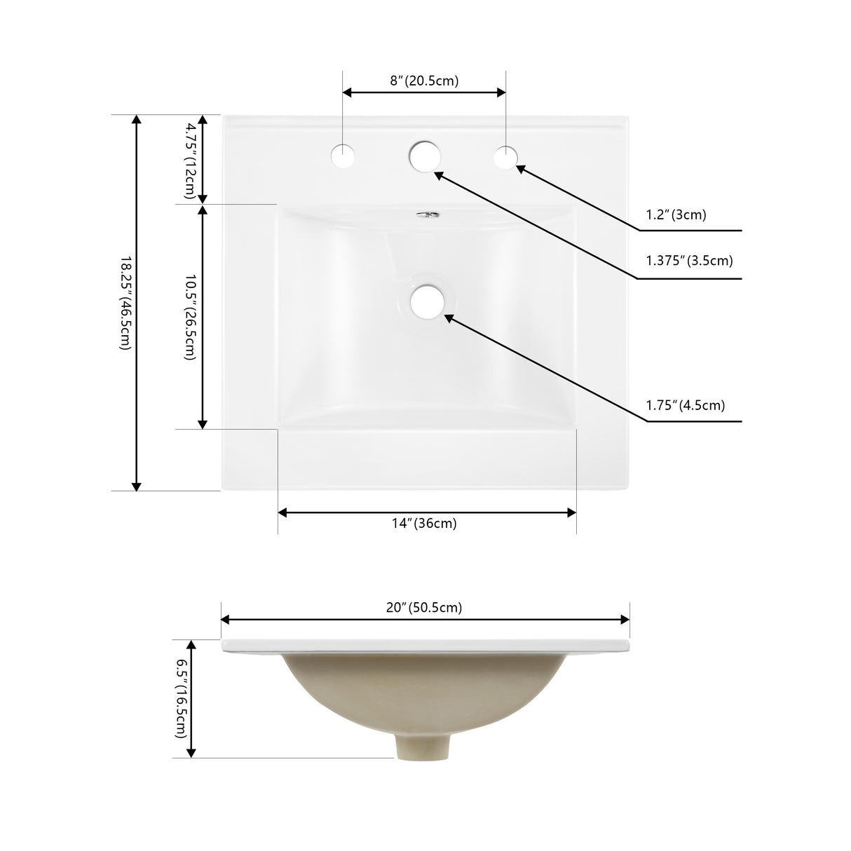 Ancillary 3-Hole Classic Contemporary Rectangular Ceramic Single Sink Basin Vanity Top