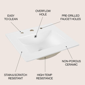 Ancillary 3-Hole Classic Contemporary Rectangular Ceramic Single Sink Basin Vanity Top