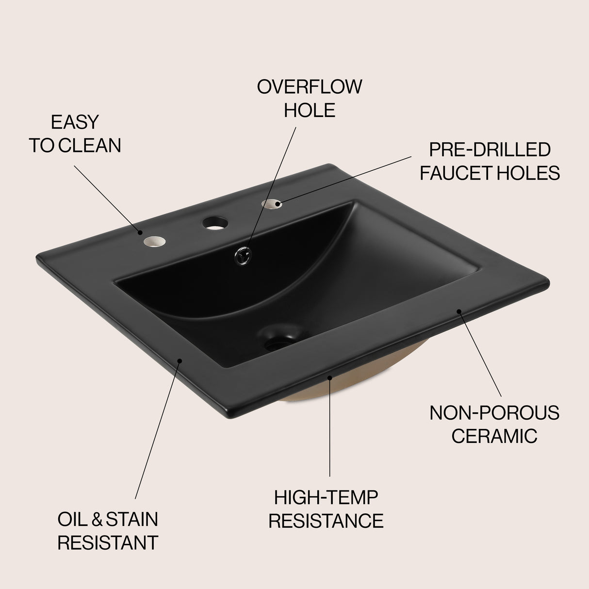Ancillary 3-Hole Classic Contemporary Rectangular Ceramic Single Sink Basin Vanity Top