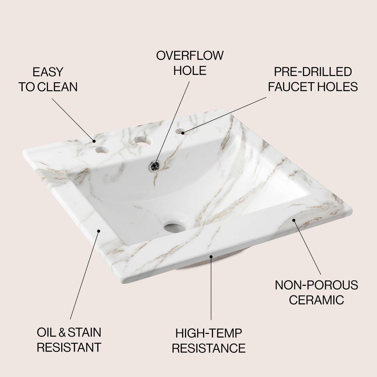 Ancillary 3-Hole Classic Contemporary Rectangular Ceramic Single Sink Basin Vanity Top
