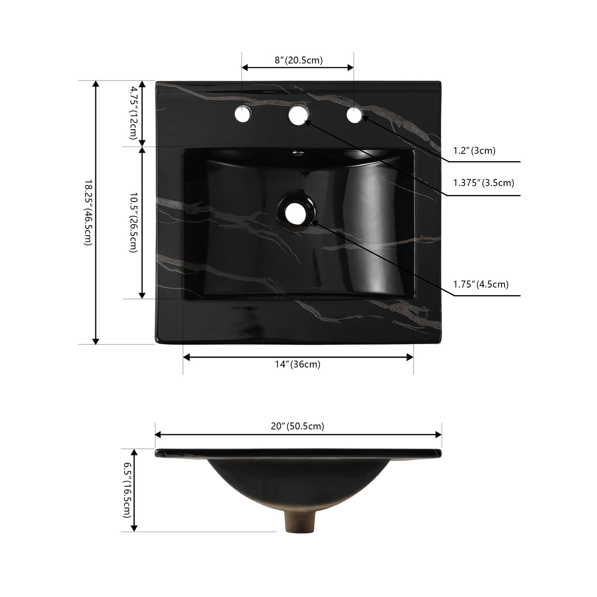Ancillary 3-Hole Classic Contemporary Rectangular Ceramic Single Sink Basin Vanity Top