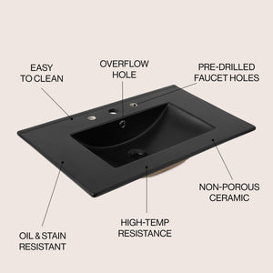 Ancillary 3-Hole Classic Contemporary Rectangular Ceramic Single Sink Basin Vanity Top