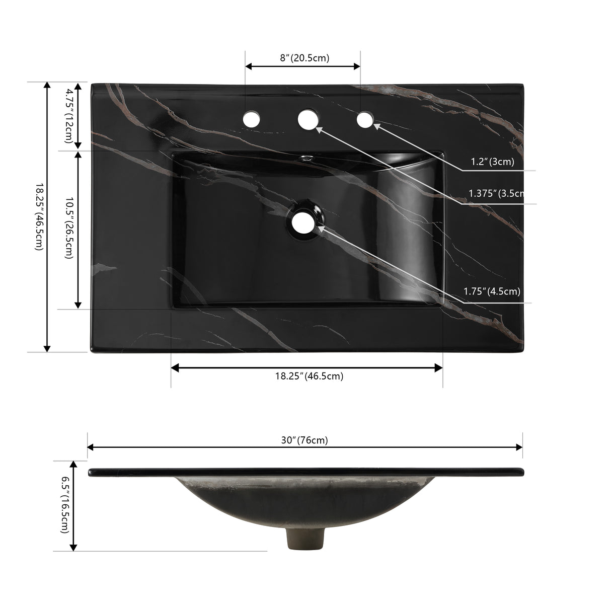 Ancillary 3-Hole Classic Contemporary Rectangular Ceramic Single Sink Basin Vanity Top