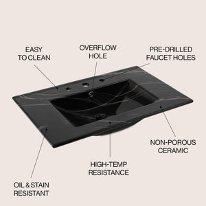 Ancillary 3-Hole Classic Contemporary Rectangular Ceramic Single Sink Basin Vanity Top