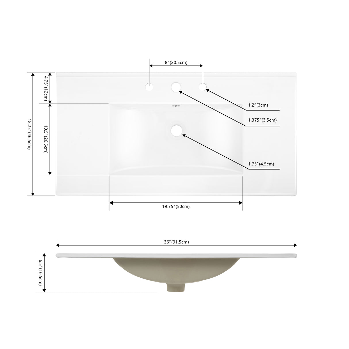 Ancillary 3-Hole Classic Contemporary Rectangular Ceramic Single Sink Basin Vanity Top