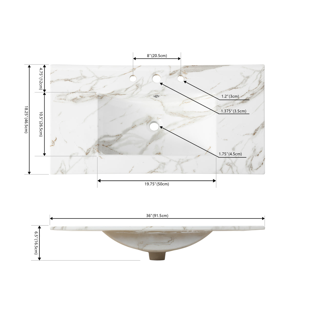 Ancillary 3-Hole Classic Contemporary Rectangular Ceramic Single Sink Basin Vanity Top