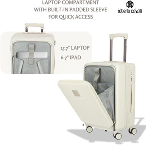 ROBERTO CAVALLI 20-Inch Luxury Carry-On Luggage – Hardshell Spinner Suitcase with Front Laptop Compartment, TSA Lock & Expandable Design
