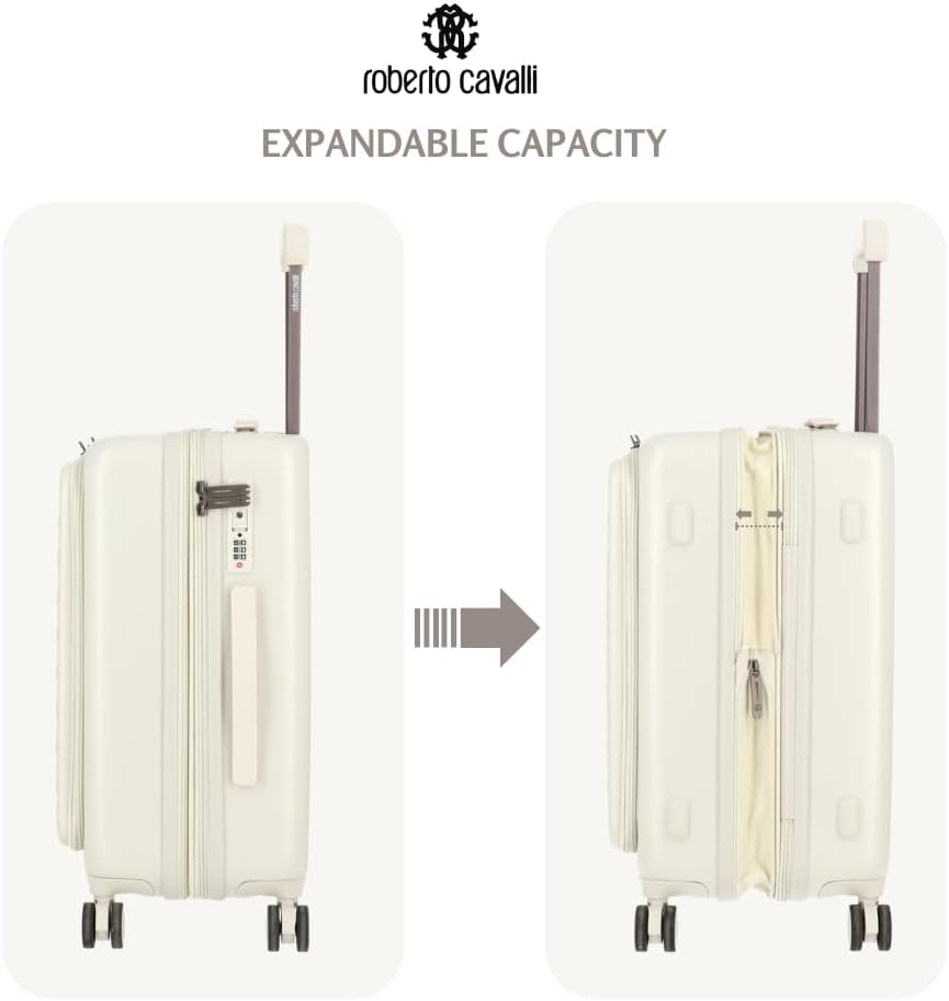 ROBERTO CAVALLI 20-Inch Luxury Carry-On Luggage – Hardshell Spinner Suitcase with Front Laptop Compartment, TSA Lock & Expandable Design
