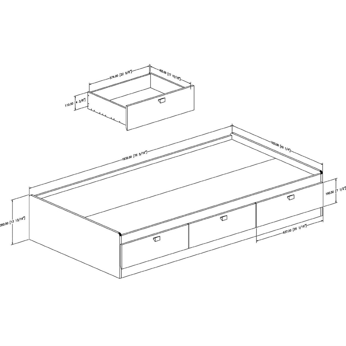 Twin size Platform Bed with 3 Storage Drawers in Black Finish