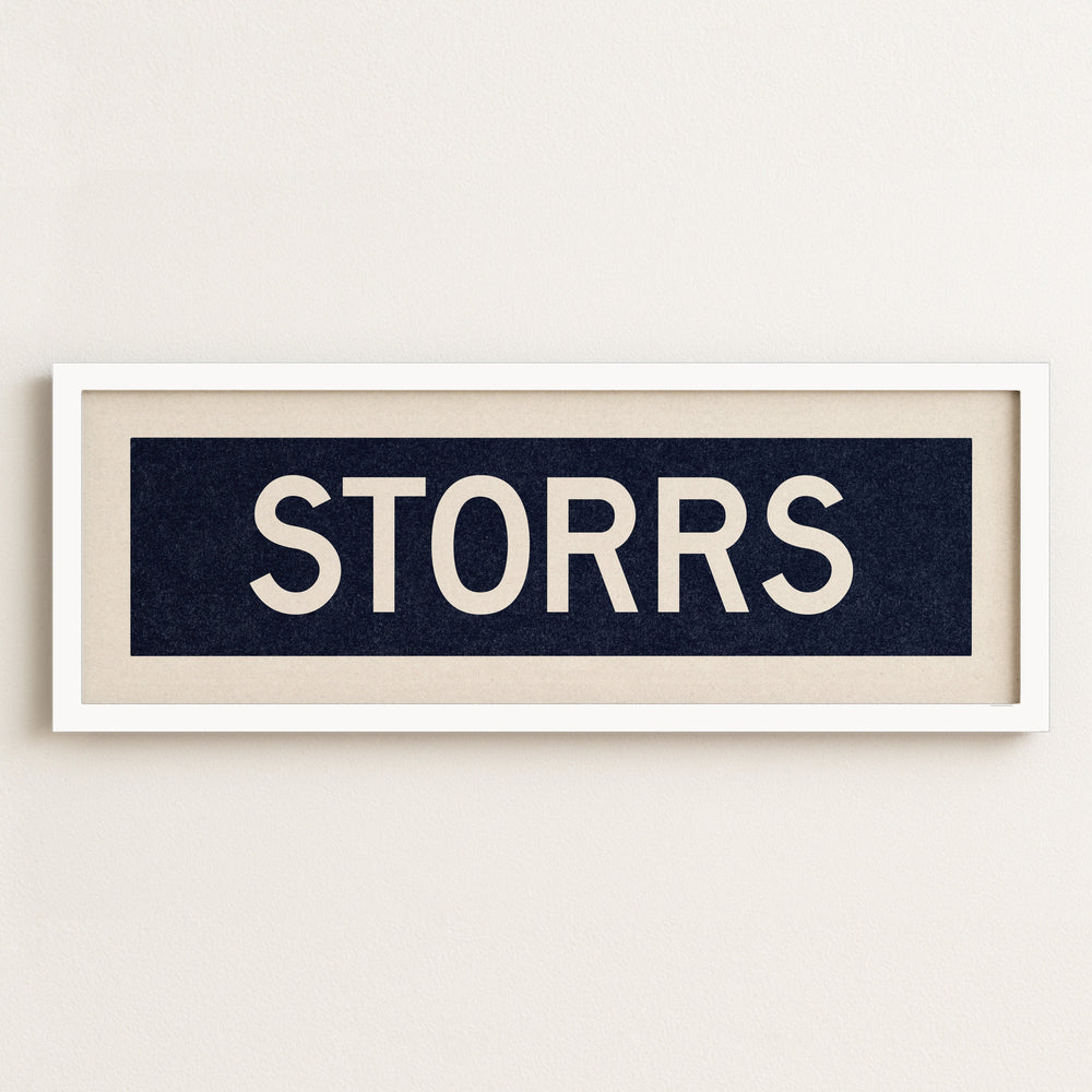 Framed Storrs Navy and White Bus Scroll
