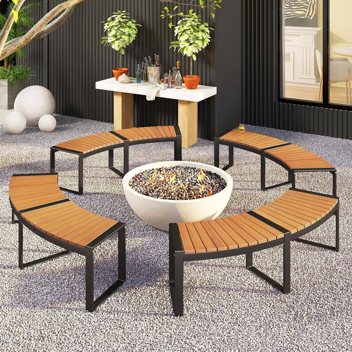 Set of 2 - Outdoor Metal Wood Backless Garden Bench with Modern Curved Design